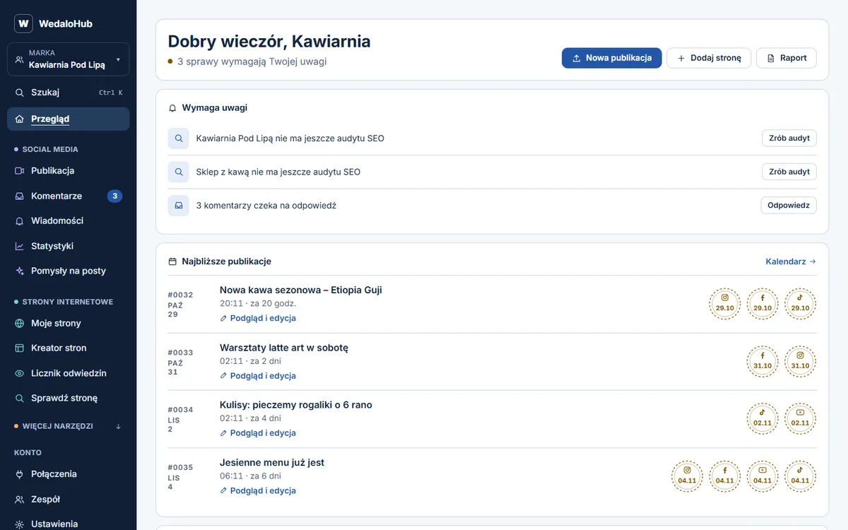 Dashboard: what needs your attention and upcoming posts